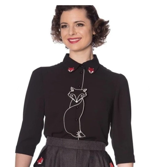 Modcloth/Royal Monk - Foxy As You Wanna Be Button-up Blouse XL Pin-up Goth Retro - Picture 2 of 16